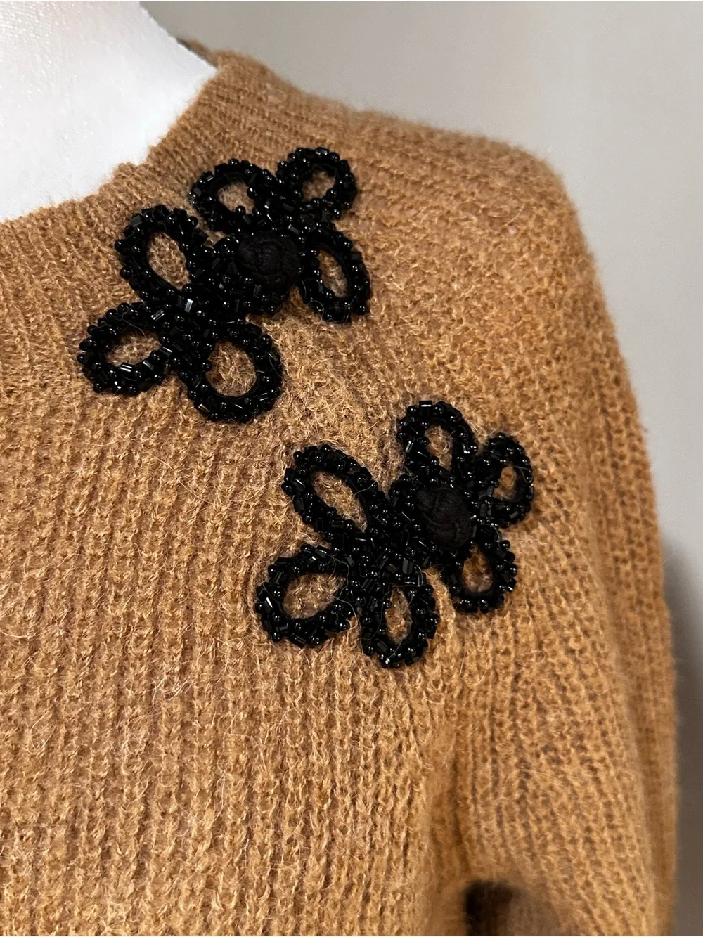 J. Crew Camel Brown Crewneck Sweater with Black Appliqué
